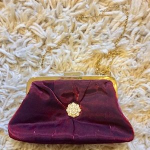 Glamorous plum silk clutch with chain NWOT